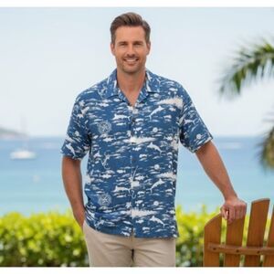 Newport Blue Shirt Island Brand Nautical Hawaiian Button Up Mens Size XL